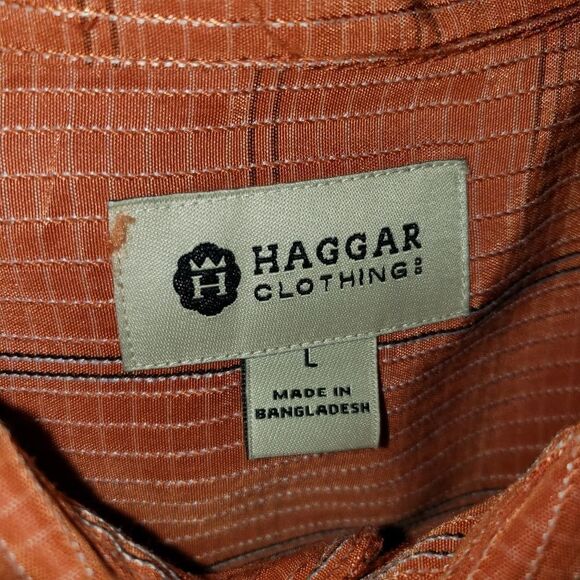 HAGGAR CLOTHING ORANGE PLAID SHORT SLEEVE BUTTON DOWN SIZE LARGE - Picture 2 of 3